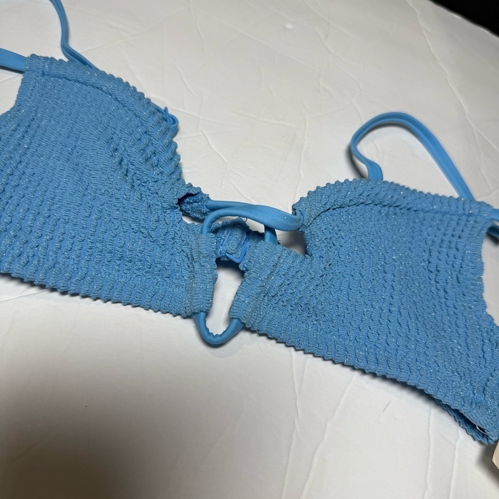 Aerie Shimmery Crinkle Lace Up Scoop Bikini Top XXS Blue NWT UPF 50 PROTECTION - Picture 5 of 10